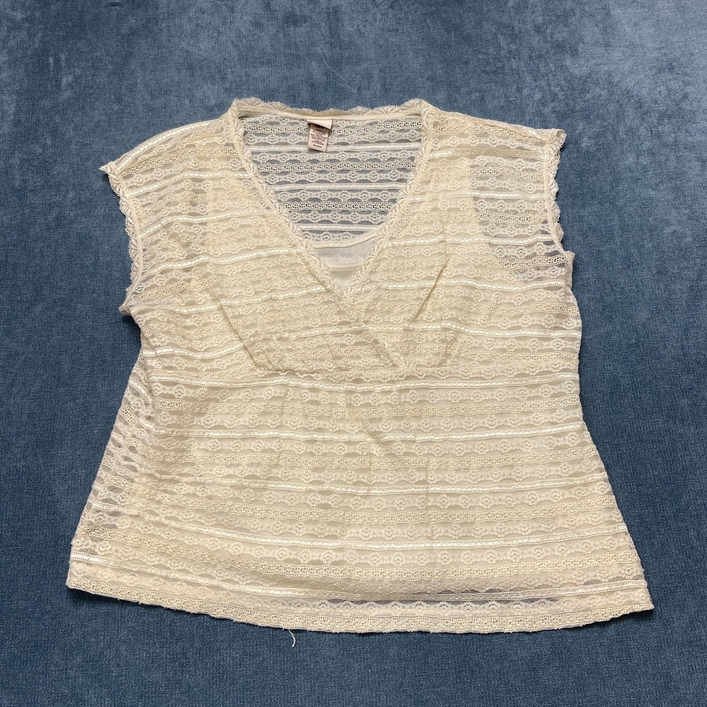 Covington Lace Blouse Top Womens XLP Cream Floral Sheer Surplice V-Neck Layered